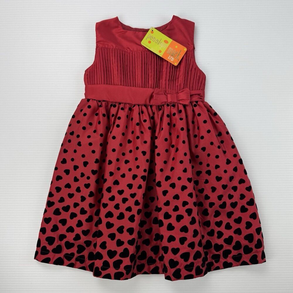 Penelope Mack Girls 4T Red Black Heart Dress Bow Party NWT Sleeveless